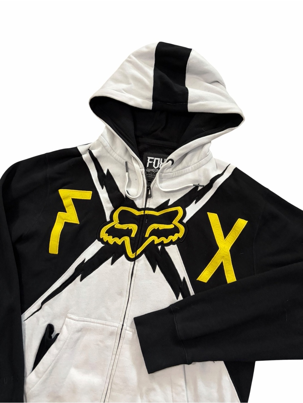 FOX Racing Zip Up Hoodie Sweatshirt Mens Large Black White Spell Out Lightning